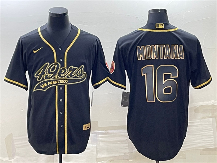 Men's San Francisco 49ers #16 Joe Montana Black Gold With Patch Cool Base Stitched Baseball Jersey Men's San Francisco 49ers #16 Joe Montana Black Gold With Patch Cool Base Stitched Baseball Jersey