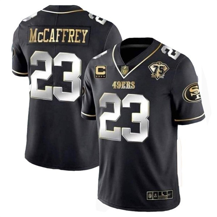 Men's San Francisco 49ers #23 Christian McCaffrey Black Gold With C Patch Vapor Untouchable Limited Stitched Football Jersey Men's San Francisco 49ers #23 Christian McCaffrey Black Gold With C Patch Vapor Untouchable Limited Stitched Football Jersey