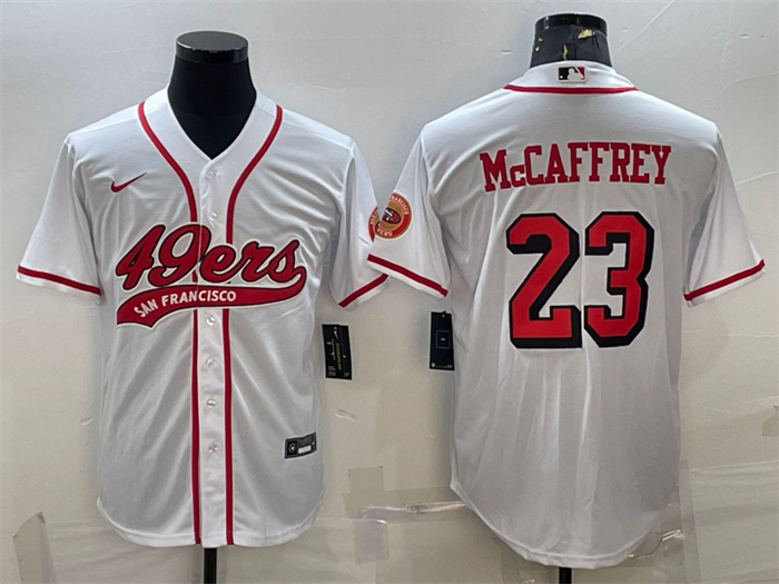 Men's San Francisco 49ers #23 Christian McCaffrey New White With Patch Cool Base Stitched Baseball Jersey Men's San Francisco 49ers #23 Christian McCaffrey New White With Patch Cool Base Stitched Baseball Jersey
