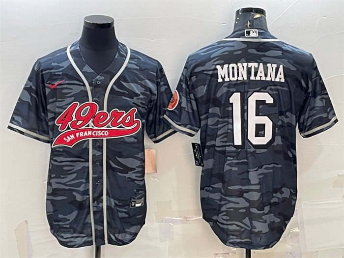 Men's San Francisco 49ers #16 Joe Montana Grey Camo With Patch Cool Base Stitched Baseball Jersey Men's San Francisco 49ers #16 Joe Montana Grey Camo With Patch Cool Base Stitched Baseball Jersey