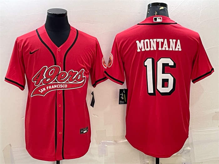 Men's San Francisco 49ers #16 Joe Montana New Red With Patch Cool Base Stitched Baseball Jersey Men's San Francisco 49ers #16 Joe Montana New Red With Patch Cool Base Stitched Baseball Jersey