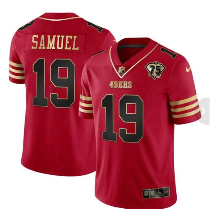 Men's San Francisco 49ers #19 Deebo Samuel Red With 75th Anniversary Patch Stitched Football Jersey Men's San Francisco 49ers #19 Deebo Samuel Red With 75th Anniversary Patch Stitched Football Jersey
