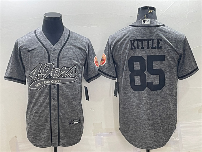 Men's San Francisco 49ers #85 George Kittle Grey With Patch Cool Base Stitched Baseball Jersey Men's San Francisco 49ers #85 George Kittle Grey With Patch Cool Base Stitched Baseball Jersey