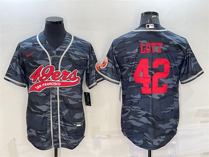 Men's San Francisco 49ers #42 Ronnie Lott Grey Red Camo With Patch Cool Base Stitched Baseball Jersey Men's San Francisco 49ers #42 Ronnie Lott Grey Red Camo With Patch Cool Base Stitched Baseball Jersey