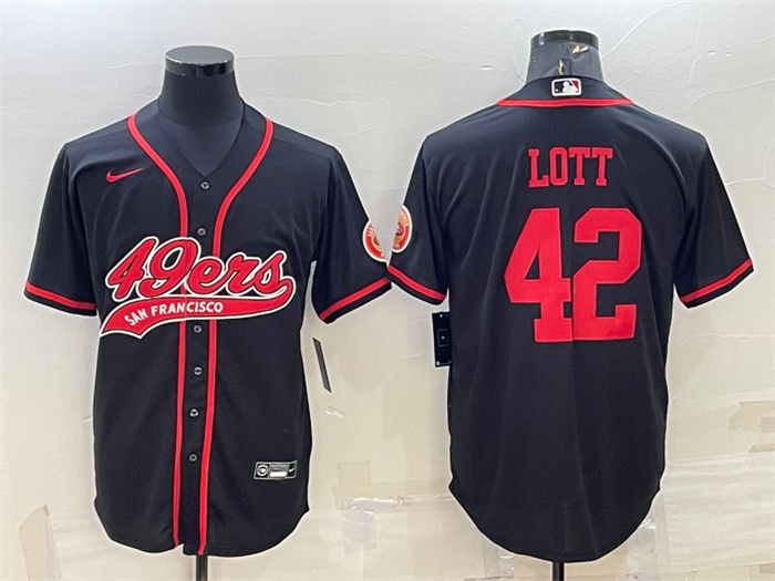 Men's San Francisco 49ers #42 Ronnie Lott Black With Patch Cool Base Stitched Baseball JerseyS Men's San Francisco 49ers #42 Ronnie Lott Black With Patch Cool Base Stitched Baseball JerseyS