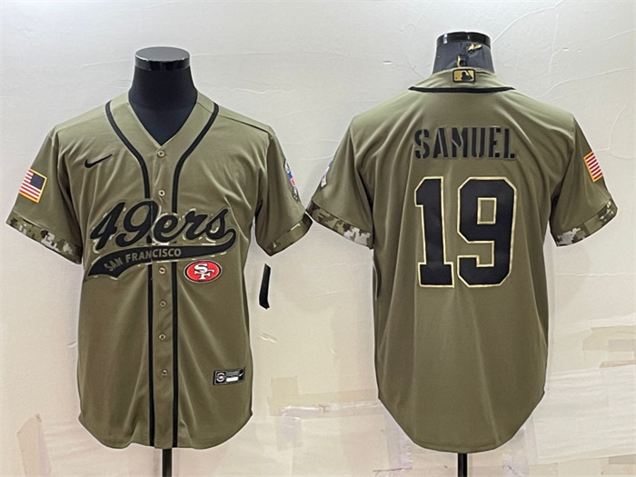 Men's San Francisco 49ers #19 Deebo Samuel 2022 Olive Salute To Service Cool Base Stitched Baseball Jersey Men's San Francisco 49ers #19 Deebo Samuel 2022 Olive Salute To Service Cool Base Stitched Baseball Jersey