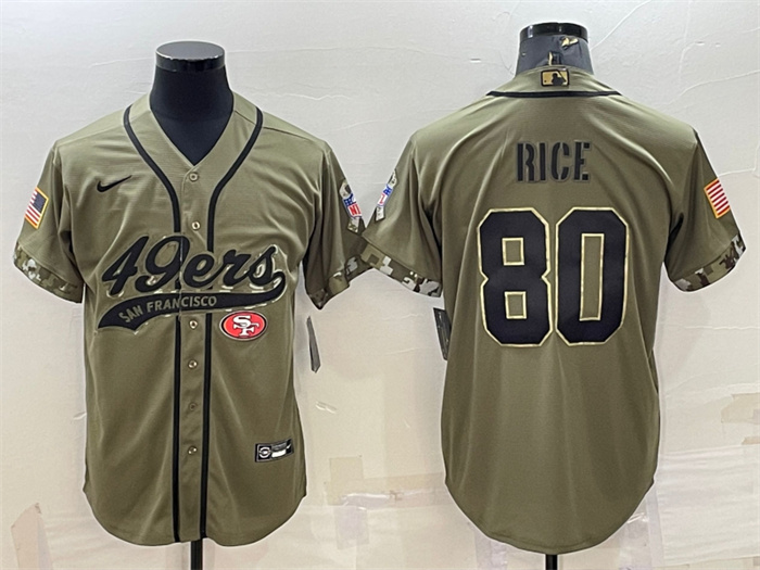 Men's San Francisco 49ers #80 Jerry Rice 2022 Olive Salute To Service Cool Base Stitched Baseball Jersey Men's San Francisco 49ers #80 Jerry Rice 2022 Olive Salute To Service Cool Base Stitched Baseball Jersey