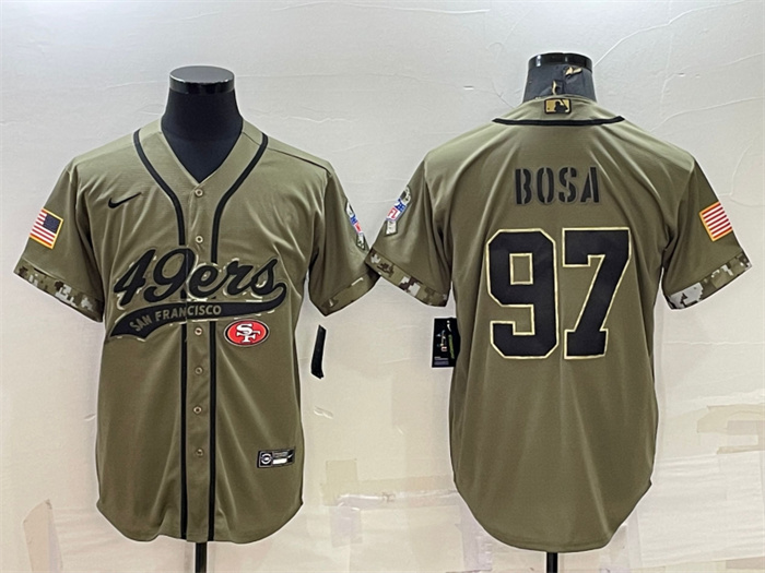 Men's San Francisco 49ers #97 Nick Bosa 2022 Olive Salute To Service Cool Base Stitched Baseball Jersey Men's San Francisco 49ers #97 Nick Bosa 2022 Olive Salute To Service Cool Base Stitched Baseball Jersey