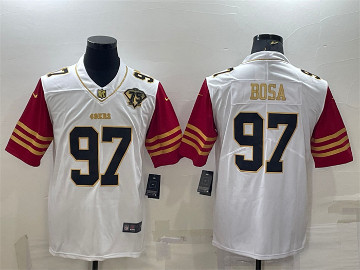 Men's San Francisco 49ers #97 Nick Bosa White Gold With 75th Anniversary Patch Stitched Jersey Men's San Francisco 49ers #97 Nick Bosa White Gold With 75th Anniversary Patch Stitched Jersey