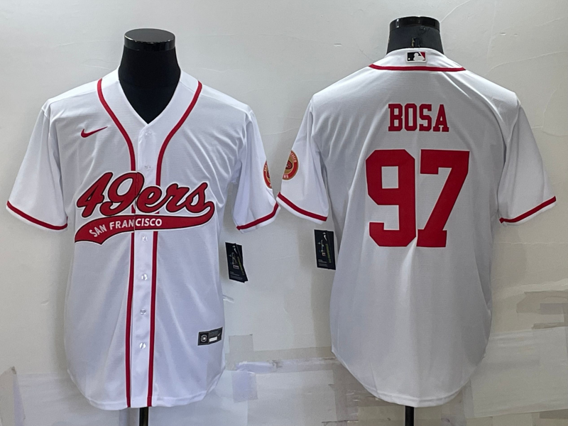 Men's San Francisco 49ers #97 Nick Bosa White Red Cool Base Stitched Baseball Jersey Men's San Francisco 49ers #97 Nick Bosa White Red Cool Base Stitched Baseball Jersey