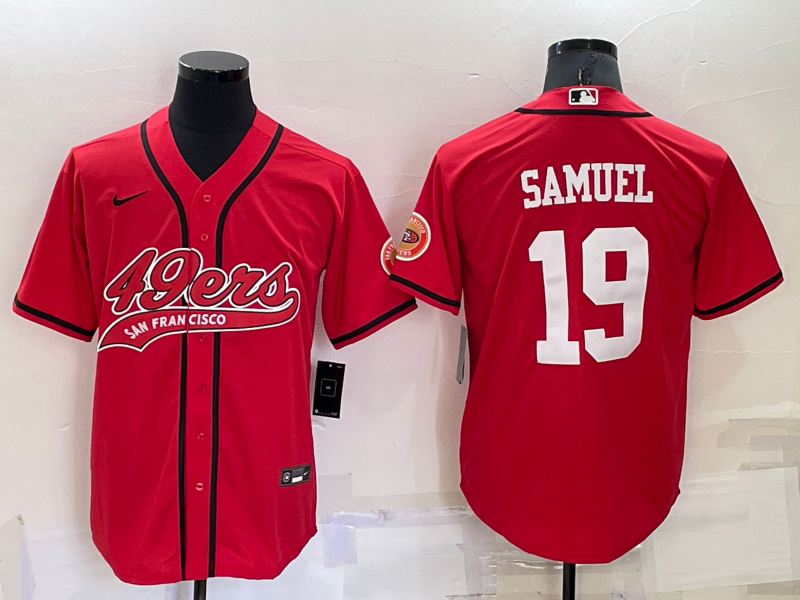 Men's San Francisco 49ers #19 Deebo Samuel Red Cool Base Stitched Baseball Jersey Men's San Francisco 49ers #19 Deebo Samuel Red Cool Base Stitched Baseball Jersey
