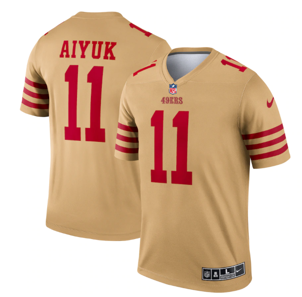 Men's San Francisco 49ers #11 Brandon Aiyuk 2022 New Gold Inverted Legend Stitched Football Jersey Men's San Francisco 49ers #11 Brandon Aiyuk 2022 New Gold Inverted Legend Stitched Football Jersey