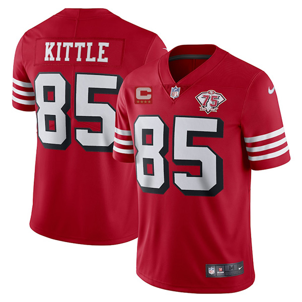 Men's San Francisco 49ers #85 George Kittle 2021 Red With C Patch 75th Anniversary Vapor Untouchable Limited Stitched Jersey Men's San Francisco 49ers #85 George Kittle 2021 Red With C Patch 75th Anniversary Vapor Untouchable Limited Stitched Jersey
