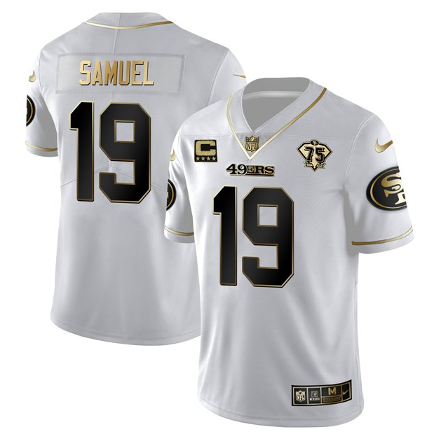 Men's San Francisco 49ers #19 Deebo Samuel White Gold 75th Anniversary With C Patch Stitched Jersey Men's San Francisco 49ers #19 Deebo Samuel White Gold 75th Anniversary With C Patch Stitched Jersey