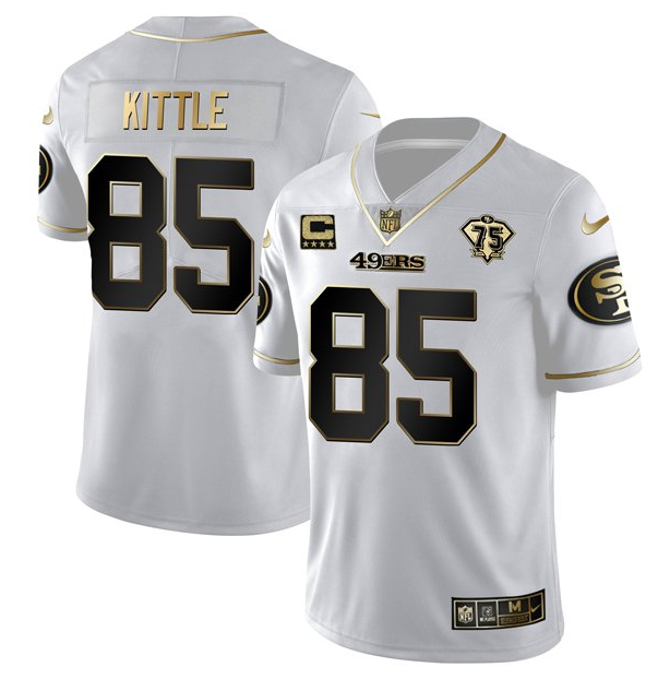Men's San Francisco 49ers George Kittle White Gold 75th Anniversary With C Patch Stitched Jersey Men's San Francisco 49ers George Kittle White Gold 75th Anniversary With C Patch Stitched Jersey