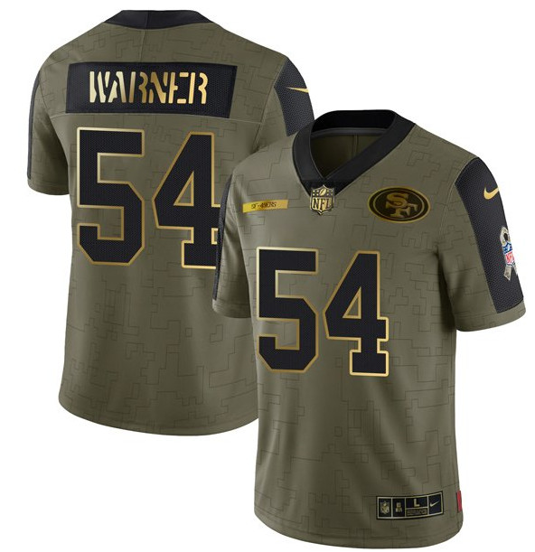 Men's San Francisco 49ers #54 Warner Scarlet 2021 Olive Camo Salute To Service Golden Limited Stitched Jersey Men's San Francisco 49ers #54 Warner Scarlet 2021 Olive Camo Salute To Service Golden Limited Stitched Jersey