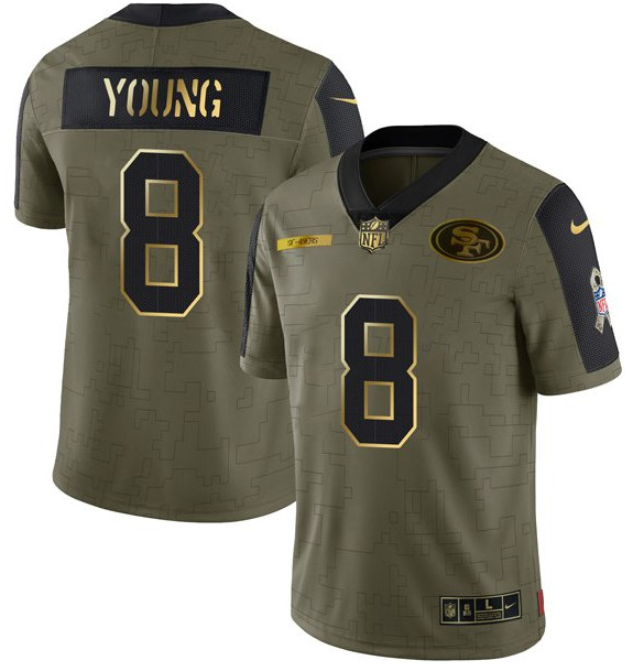 Men's San Francisco 49ers #8 Steve Young 2021 Olive Camo Salute To Service Golden Limited Stitched Jersey Men's San Francisco 49ers #8 Steve Young 2021 Olive Camo Salute To Service Golden Limited Stitched Jersey