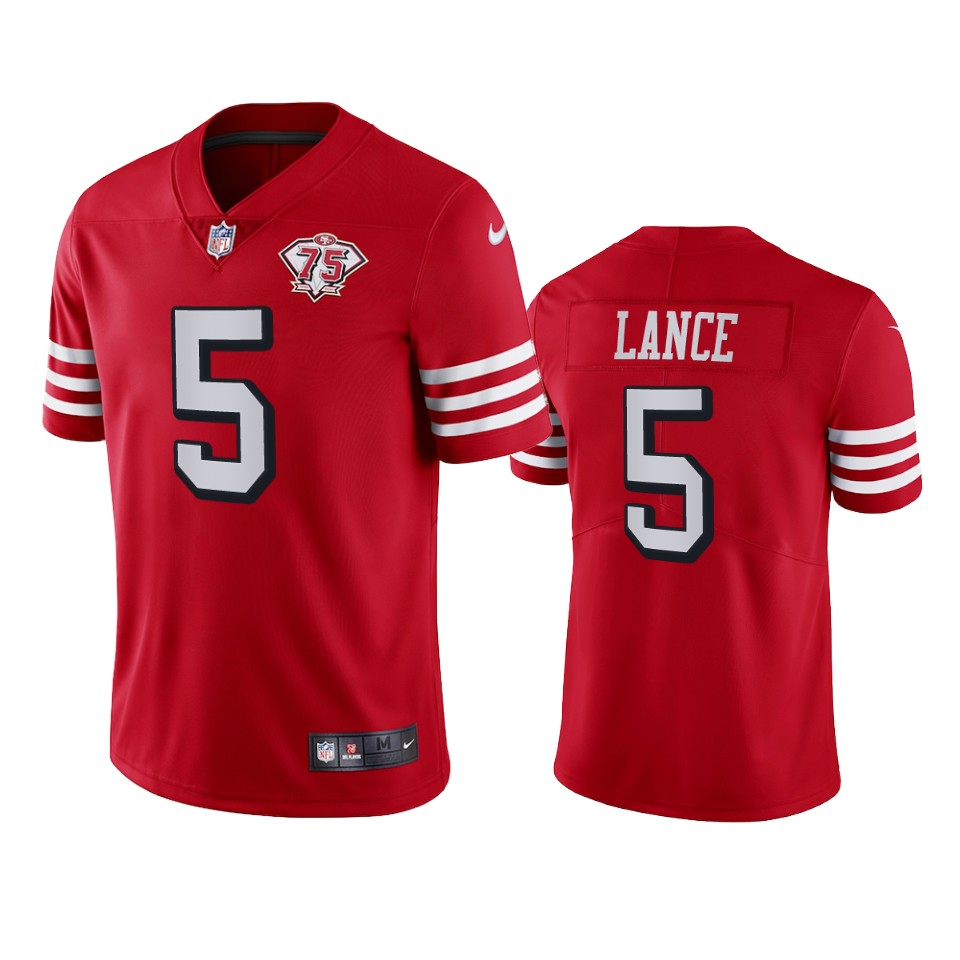Nike 49ers #5 Trey Lance Red Rush Men's 75th Anniversary Stitched NFL Vapor Untouchable Limited Jersey Nike 49ers #5 Trey Lance Red Rush Men's 75th Anniversary Stitched NFL Vapor Untouchable Limited Jersey