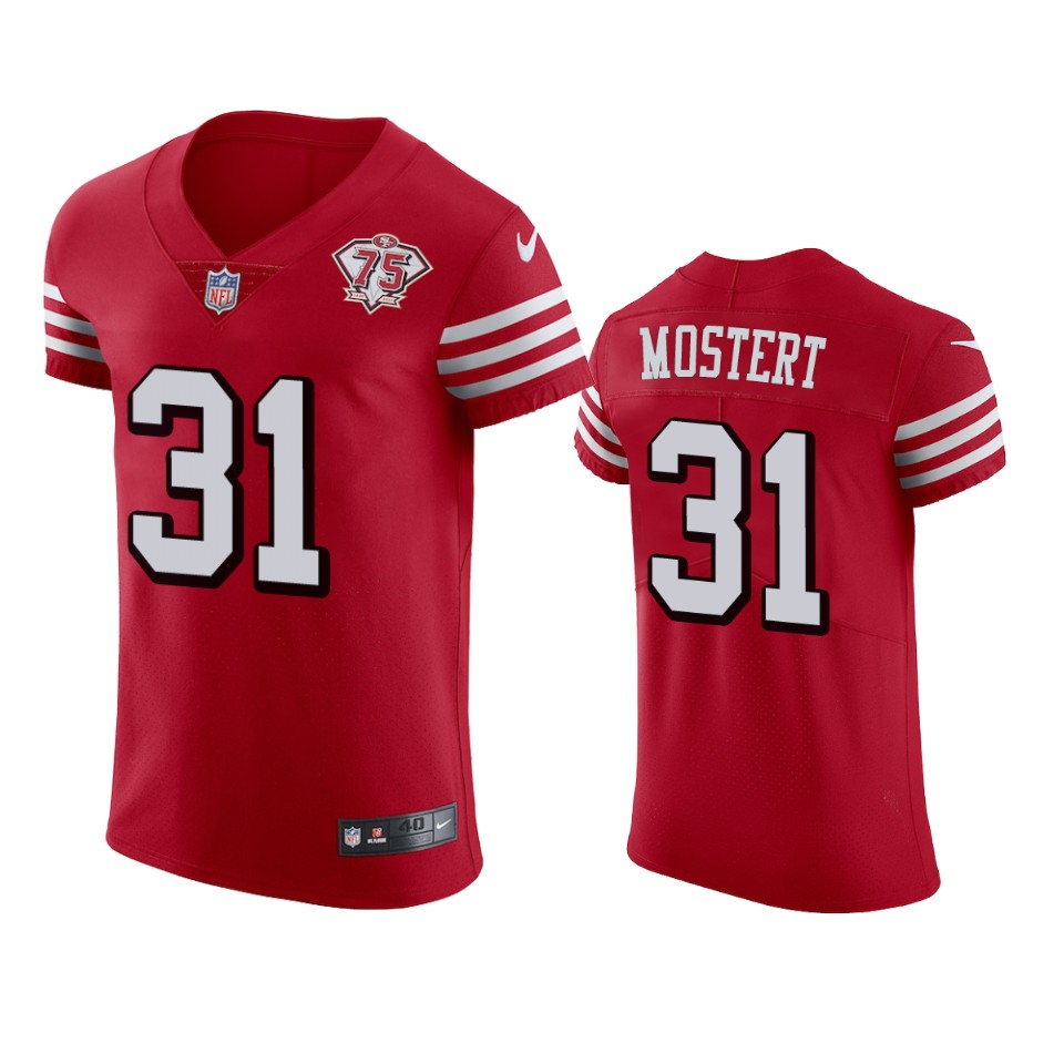 Nike 49ers #31 Raheem Mostert Red Rush Men's 75th Anniversary Stitched NFL Vapor Untouchable Elite Jersey Nike 49ers #31 Raheem Mostert Red Rush Men's 75th Anniversary Stitched NFL Vapor Untouchable Elite Jersey
