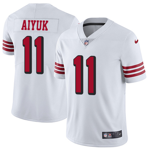 Nike 49ers #11 Brandon Aiyuk White Men's Stitched NFL Limited Rush Jersey Nike 49ers #11 Brandon Aiyuk White Men's Stitched NFL Limited Rush Jersey