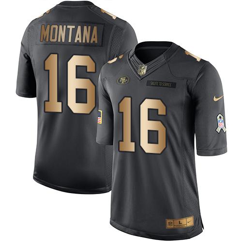 Nike 49ers #16 Joe Montana Black Men's Stitched NFL Limited Gold Salute To Service Jersey Nike 49ers #16 Joe Montana Black Men's Stitched NFL Limited Gold Salute To Service Jersey