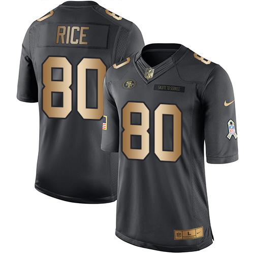 Nike 49ers #80 Jerry Rice Black Men's Stitched NFL Limited Gold Salute To Service Jersey Nike 49ers #80 Jerry Rice Black Men's Stitched NFL Limited Gold Salute To Service Jersey
