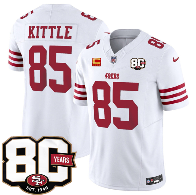 Men's San Francisco 49ers #85 George kittle White 80th Anniversary Patch And 4-Star C Patch 2026 F.U.S.E. Vapor Untouchabl2026 F.U.S.E. Vapor Untouchable Limited Stitched Football Jersey Men's San Francisco 49ers #85 George kittle White 80th Anniversary Patch And 4-Star C Patch 2026 F.U.S.E. Vapor Untouchabl2026 F.U.S.E. Vapor Untouchable Limited Stitched Football Jersey