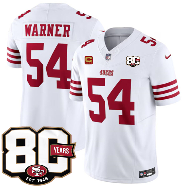 Men's San Francisco 49ers #54 Fred Warner White 80th Anniversary Patch And 4-Star C Patch 2026 F.U.S.E. Vapor Untouchabl2026 F.U.S.E. Vapor Untouchable Limited Stitched Football Jersey Men's San Francisco 49ers #54 Fred Warner White 80th Anniversary Patch And 4-Star C Patch 2026 F.U.S.E. Vapor Untouchabl2026 F.U.S.E. Vapor Untouchable Limited Stitched Football Jersey