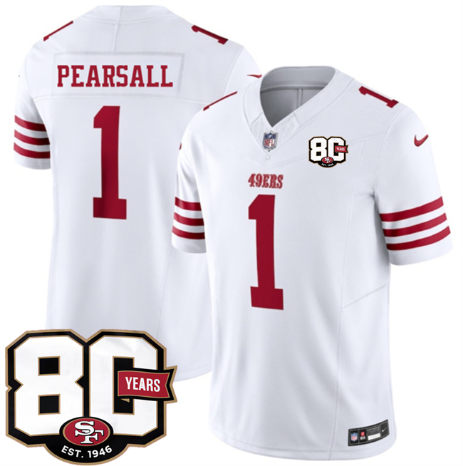 Men's San Francisco 49ers #1 Ricky Pearsall White 80th Anniversary Patch 2026 F.U.S.E. Vapor Untouchabl2026 F.U.S.E. Vapor Untouchable Limited Stitched Football Jersey Men's San Francisco 49ers #1 Ricky Pearsall White 80th Anniversary Patch 2026 F.U.S.E. Vapor Untouchabl2026 F.U.S.E. Vapor Untouchable Limited Stitched Football Jersey