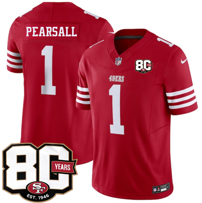 Men's San Francisco 49ers #1 Ricky Pearsall Red 80th Anniversary Patch 2026 F.U.S.E. Vapor Untouchabl2026 F.U.S.E. Vapor Untouchable Limited Stitched Football Jersey Men's San Francisco 49ers #1 Ricky Pearsall Red 80th Anniversary Patch 2026 F.U.S.E. Vapor Untouchabl2026 F.U.S.E. Vapor Untouchable Limited Stitched Football Jersey