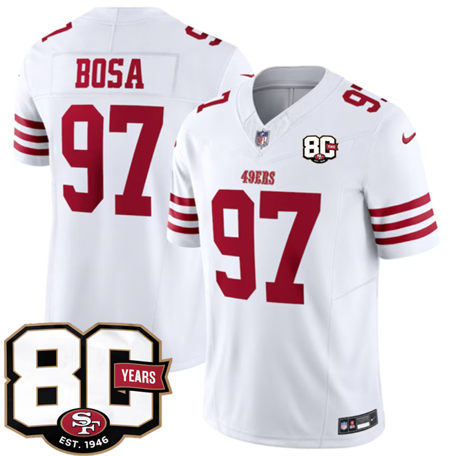 Men's San Francisco 49ers #97 Nick Bosa White 80th Anniversary Patch 2026 F.U.S.E. Vapor Untouchabl2026 F.U.S.E. Vapor Untouchable Limited Stitched Football Jersey Men's San Francisco 49ers #97 Nick Bosa White 80th Anniversary Patch 2026 F.U.S.E. Vapor Untouchabl2026 F.U.S.E. Vapor Untouchable Limited Stitched Football Jersey