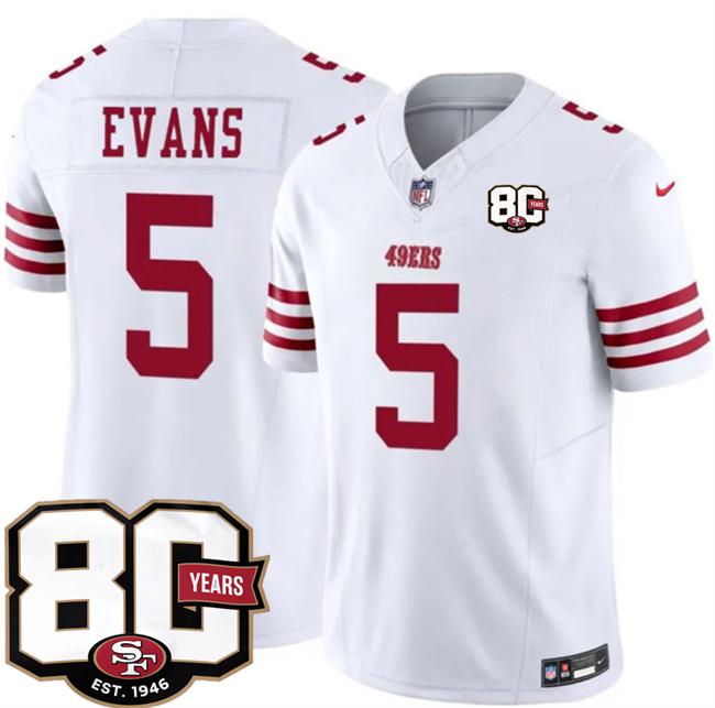 Men's San Francisco 49ers #5 Mike Evans White 80th Anniversary Patch 2026 F.U.S.E. Vapor Untouchabl2026 F.U.S.E. Vapor Untouchable Limited Stitched Football Jersey Men's San Francisco 49ers #5 Mike Evans White 80th Anniversary Patch 2026 F.U.S.E. Vapor Untouchabl2026 F.U.S.E. Vapor Untouchable Limited Stitched Football Jersey