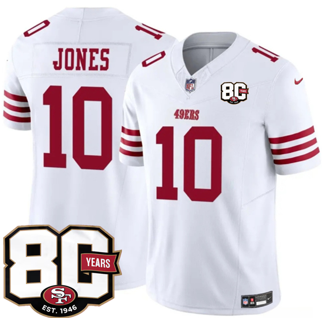 Men's San Francisco 49ers #10 Mac Jones White 80th Anniversary Patch 2026 F.U.S.E. Vapor Untouchabl2026 F.U.S.E. Vapor Untouchable Limited Stitched Football Jersey Men's San Francisco 49ers #10 Mac Jones White 80th Anniversary Patch 2026 F.U.S.E. Vapor Untouchabl2026 F.U.S.E. Vapor Untouchable Limited Stitched Football Jersey