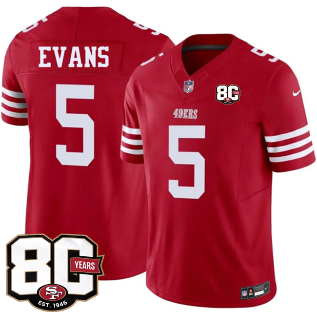 Men's San Francisco 49ers #5 Mike Evans Red 80th Anniversary Patch 2026 F.U.S.E. Vapor Untouchabl2026 F.U.S.E. Vapor Untouchable Limited Stitched Football Jersey Men's San Francisco 49ers #5 Mike Evans Red 80th Anniversary Patch 2026 F.U.S.E. Vapor Untouchabl2026 F.U.S.E. Vapor Untouchable Limited Stitched Football Jersey