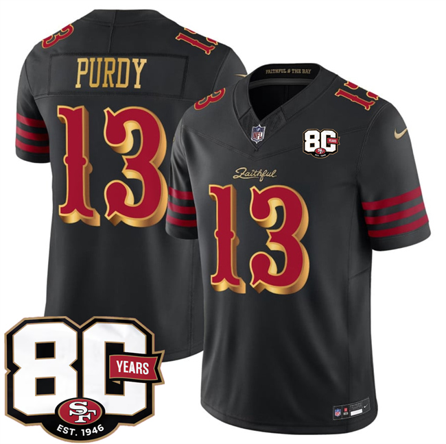 Men's San Francisco 49ers #13 Brock Purdy Black 80th Anniversary Patch “Rivalries” 2026 F.U.S.E. Vapor Untouchabl Limited Stitched Football Jersey Men's San Francisco 49ers #13 Brock Purdy Black 80th Anniversary Patch “Rivalries” 2026 F.U.S.E. Vapor Untouchabl Limited Stitched Football Jersey