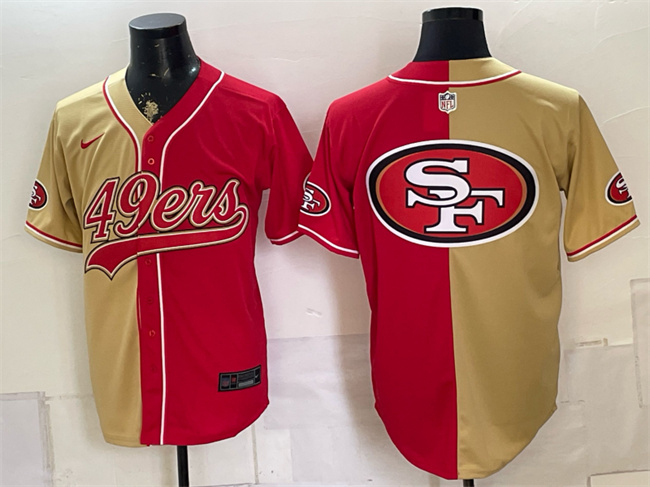 Men's San Francisco 49ers Team Big Logo Gold Red Split Stitched Jersey 003