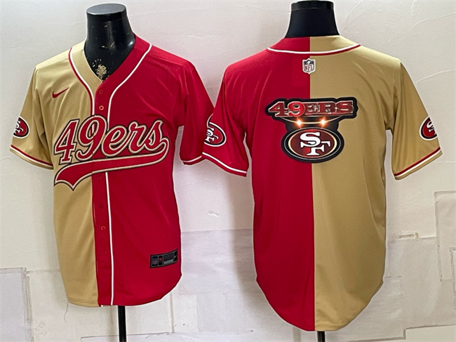 Men's San Francisco 49ers Team Big Logo Gold Red Split Stitched Jersey 002