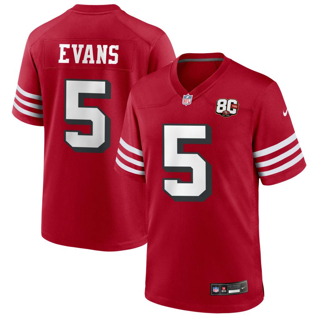 Men's San Francisco 49ers #5 Mike Evans Red 80th Anniversary Patch 2026 F.U.S.E. Vapor Untouchable Limited Stitched Football Jersey