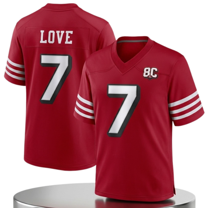 Men's San Francisco 49ers #7 Daejon Love Red 80th Anniversary Patch 2026 Stitched Football Jersey