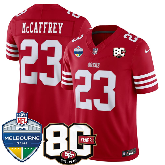 Men's San Francisco 49ers #23 Christian McCaffrey Red 80th Anniversary And Melbourne Game Patch 2026 F.U.S.E. Vapor Untouchabl2026 F.U.S.E. Vapor Untouchable Limited Stitched Football Jersey Men's San Francisco 49ers #23 Christian McCaffrey Red 80th Anniversary And Melbourne Game Patch 2026 F.U.S.E. Vapor Untouchabl2026 F.U.S.E. Vapor Untouchable Limited Stitched Football Jersey