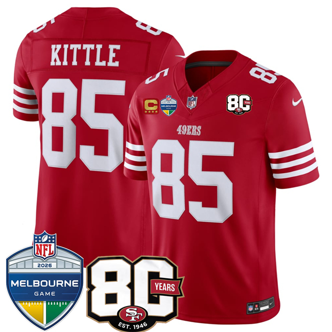 Men's San Francisco 49ers #85 George kittle Red 80th Anniversary And Melbourne Game Patch 2026 F.U.S.E. Vapor Untouchabl2026 F.U.S.E. Vapor Untouchable Limited Stitched Football Jersey Men's San Francisco 49ers #85 George kittle Red 80th Anniversary And Melbourne Game Patch 2026 F.U.S.E. Vapor Untouchabl2026 F.U.S.E. Vapor Untouchable Limited Stitched Football Jersey