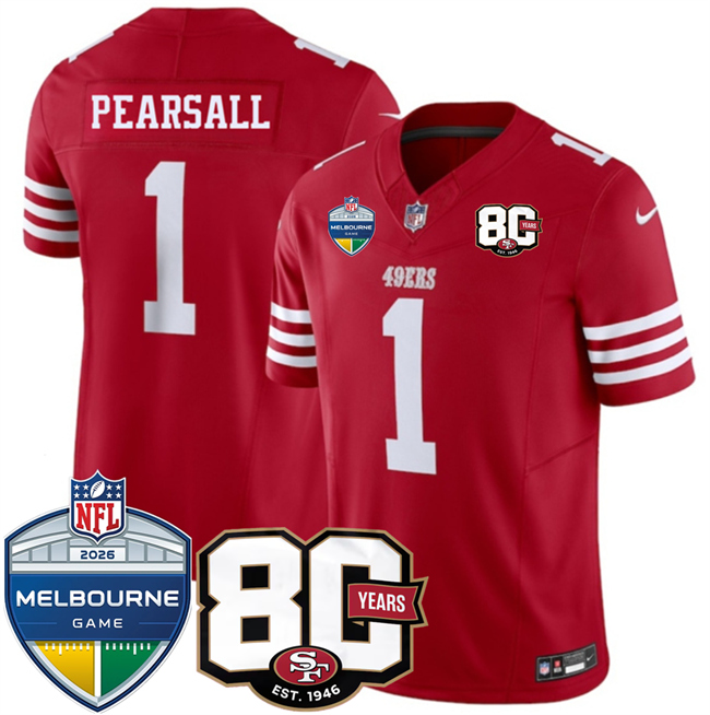 Men's San Francisco 49ers #1 Ricky Pearsall Red 80th Anniversary And Melbourne Game Patch 2026 F.U.S.E. Vapor Untouchabl2026 F.U.S.E. Vapor Untouchable Limited Stitched Football Jersey Men's San Francisco 49ers #1 Ricky Pearsall Red 80th Anniversary And Melbourne Game Patch 2026 F.U.S.E. Vapor Untouchabl2026 F.U.S.E. Vapor Untouchable Limited Stitched Football Jersey