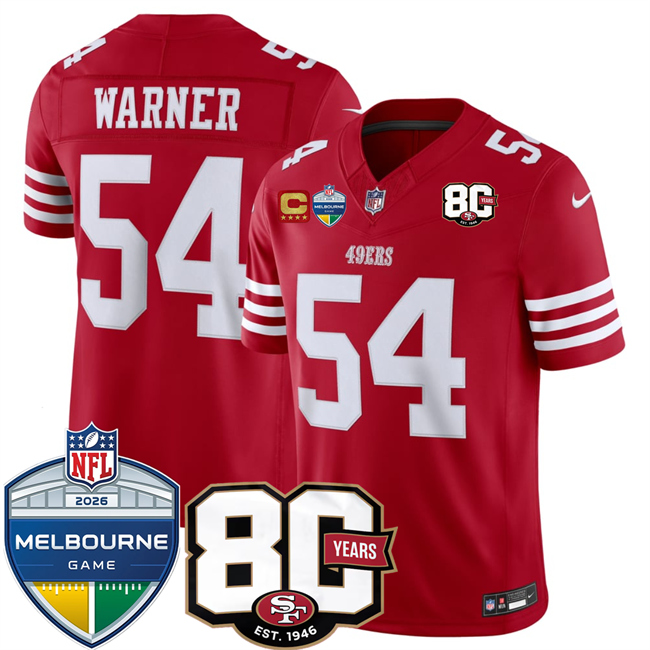 Men's San Francisco 49ers #54 Fred Warner Red 80th Anniversary And Melbourne Game Patch 2026 F.U.S.E. Vapor Untouchabl2026 F.U.S.E. Vapor Untouchable Limited Stitched Football Jersey Men's San Francisco 49ers #54 Fred Warner Red 80th Anniversary And Melbourne Game Patch 2026 F.U.S.E. Vapor Untouchabl2026 F.U.S.E. Vapor Untouchable Limited Stitched Football Jersey