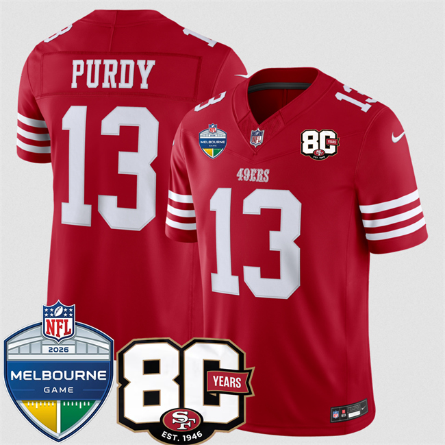 Men's San Francisco 49ers #13 Brock Purdy Red 80th Anniversary And Melbourne Game Patch 2026 F.U.S.E. Vapor Untouchabl2026 F.U.S.E. Vapor Untouchable Limited Stitched Football Jersey Men's San Francisco 49ers #13 Brock Purdy Red 80th Anniversary And Melbourne Game Patch 2026 F.U.S.E. Vapor Untouchabl2026 F.U.S.E. Vapor Untouchable Limited Stitched Football Jersey