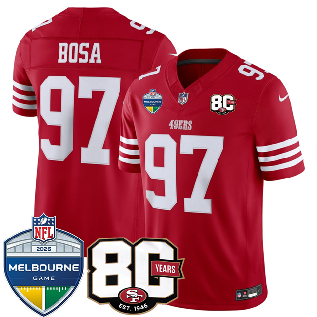 Men's San Francisco 49ers #97 Nick Bosa Red 80th Anniversary And Melbourne Game Patch 2026 F.U.S.E. Vapor Untouchabl2026 F.U.S.E. Vapor Untouchable Limited Stitched Football Jersey Men's San Francisco 49ers #97 Nick Bosa Red 80th Anniversary And Melbourne Game Patch 2026 F.U.S.E. Vapor Untouchabl2026 F.U.S.E. Vapor Untouchable Limited Stitched Football Jersey