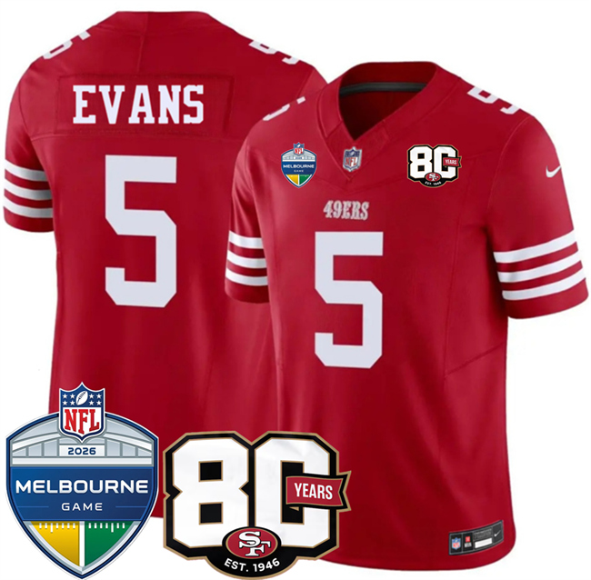 Men's San Francisco 49ers #5 Mike Evans Red 80th Anniversary And Melbourne Game Patch 2026 F.U.S.E. Vapor Untouchabl2026 F.U.S.E. Vapor Untouchable Limited Stitched Football Jersey