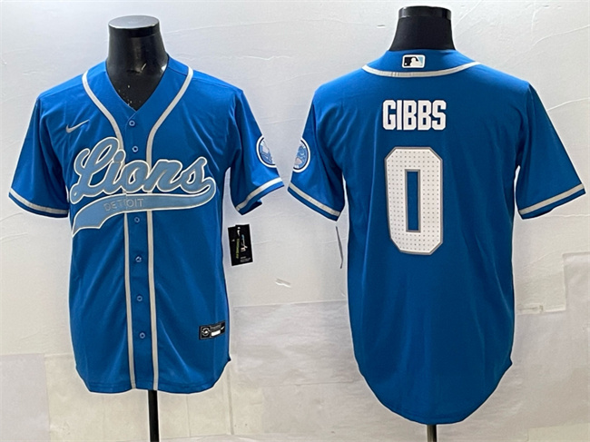 Men's Detroit Lions #0 Jahmyr Gibbs Blue Cool Base Stitched Baseball Jersey Men's Detroit Lions #0 Jahmyr Gibbs Blue Cool Base Stitched Baseball Jersey