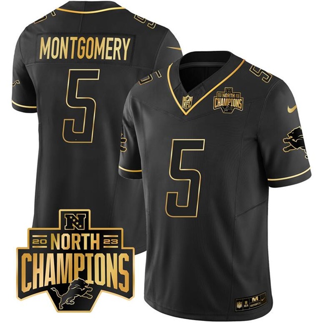 Men's Detroit Lions #5 David Montgomery Black Gold F.U.S.E. 2023 NFC North Division Champions Patch Vapor Limited Stitched Football Jersey Men's Detroit Lions #5 David Montgomery Black Gold F.U.S.E. 2023 NFC North Division Champions Patch Vapor Limited Stitched Football Jersey