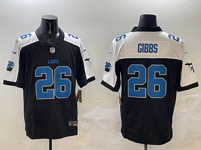 Men's Detroit Lions #26 Jahmyr Gibbs Black White F.U.S.E. 2024 Michigan Patch Vapor Limited Stitched Jersey Men's Detroit Lions #26 Jahmyr Gibbs Black White F.U.S.E. 2024 Michigan Patch Vapor Limited Stitched Jersey