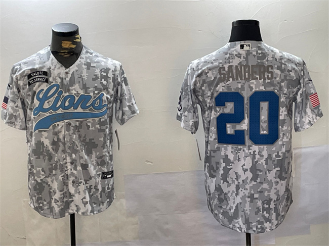 Men's Detroit Lions #20 Barry Sanders 2024 Arctic Camo Salute To Service Stitched Baseball Jersey Men's Detroit Lions #20 Barry Sanders 2024 Arctic Camo Salute To Service Stitched Baseball Jersey
